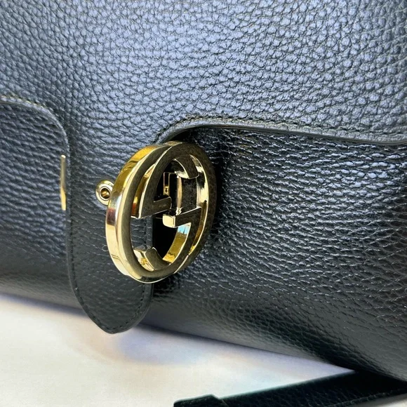 Gucci Interlocking G grained calfskin gold HDW top handle detachable strap COA - Picture 13 of 17